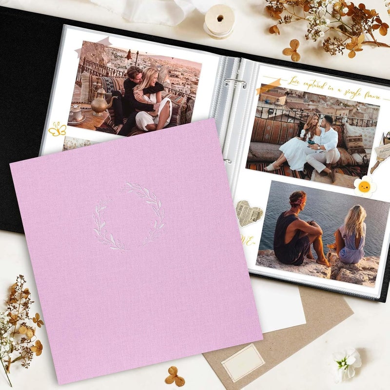 Lanpn Photo Album Scrapbook 8.5x11, Linen Cover Wreath Design Top Load 3 Ring Folder Binder Photobook Photo Book 8.5 x 11 inch with 30 Plastic Sleeves 60 Pages Pink - Image 5